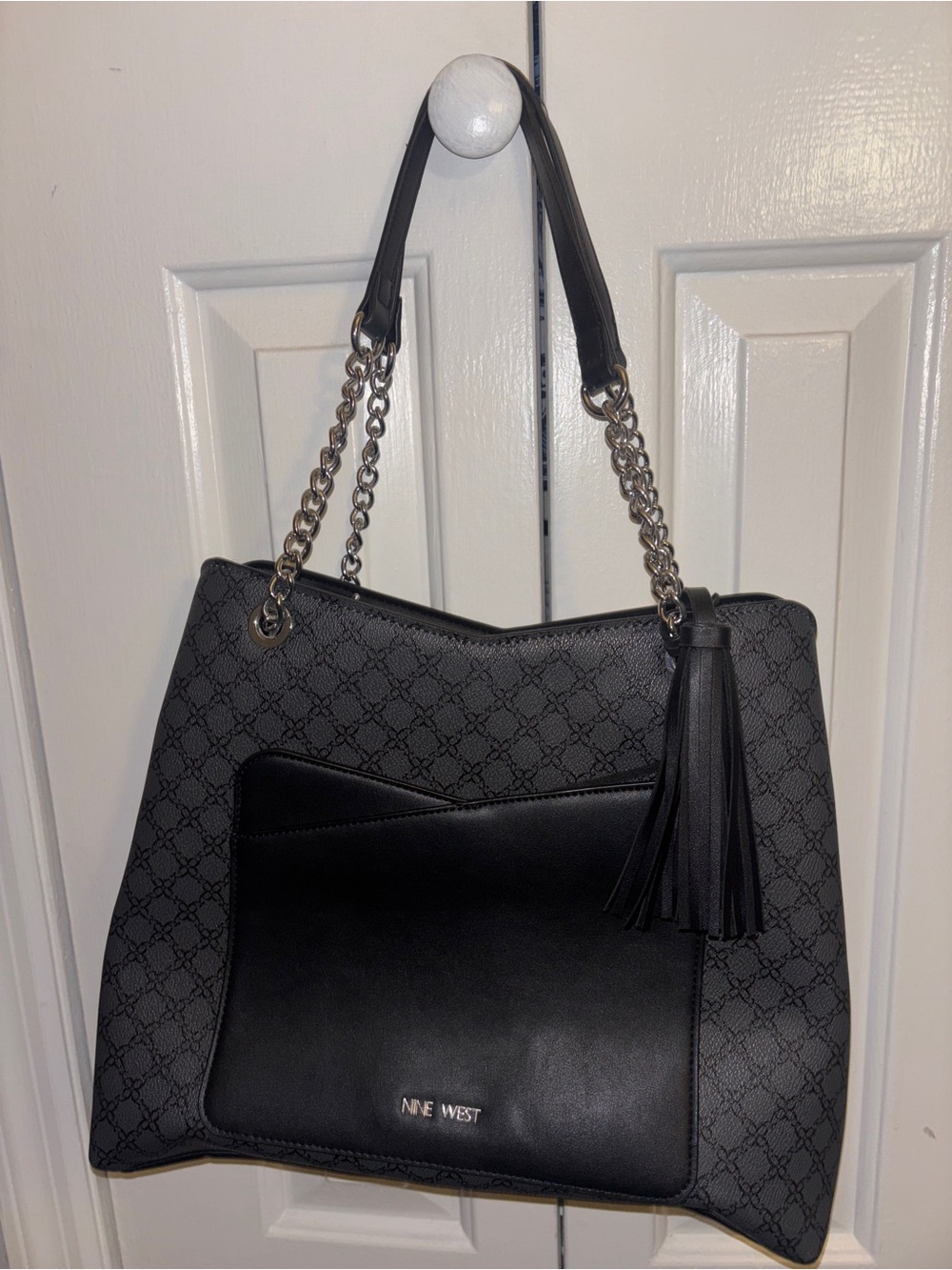 Nine West Black Chain-Handle Shoulder Tote with Tassel